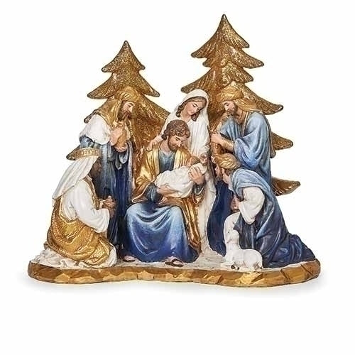 6"H NATIVITY, GOLD TREES, BLUE