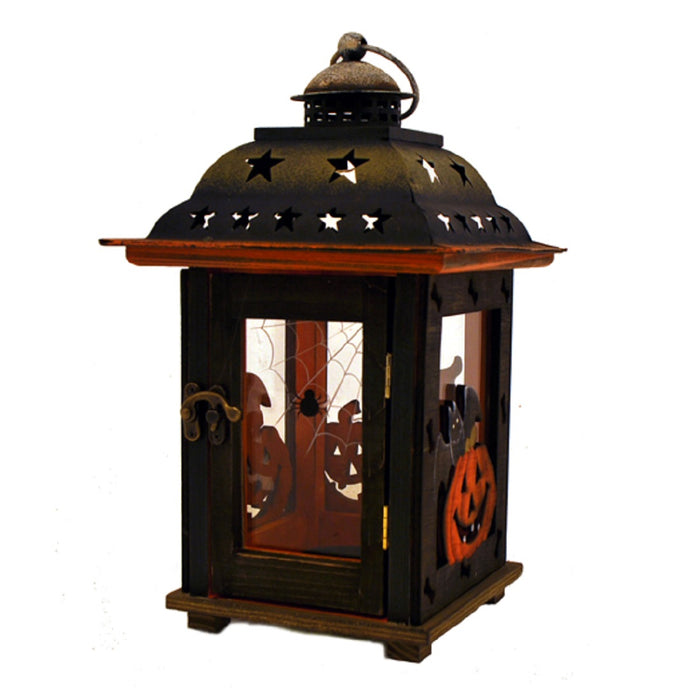 10.5" Wooden Halloween Lantern w/Pumpkins